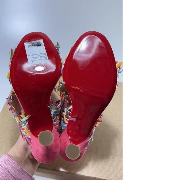 Meroine Pink Rainbow Woven 85mm raffia fringe heels mules D977 - Picture 8 of 11